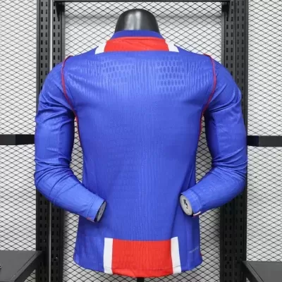 Camisola desportiva azul de mangas compridas com detalhes em vermelho e branco