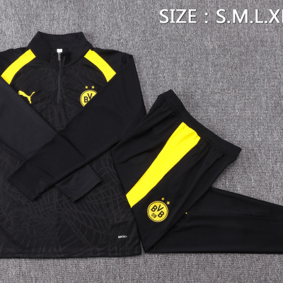 Conjunto de roupa desportiva preta com detalhes amarelos e logotipo BVB 09