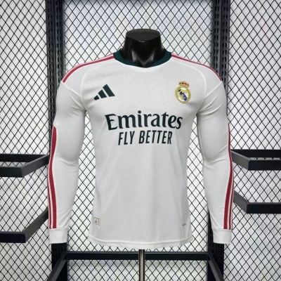 Camisola de futebol Real Madrid branca mangas compridas com logotipos Adidas e Emirates