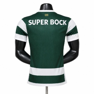 Camisola desportiva verde escura e branca com texto SUPER BOCK nas costas