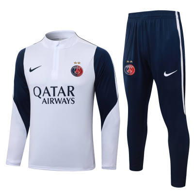 Conjunto de roupa desportiva Paris Saint-Germain branco e azul escuro com logótipos e texto