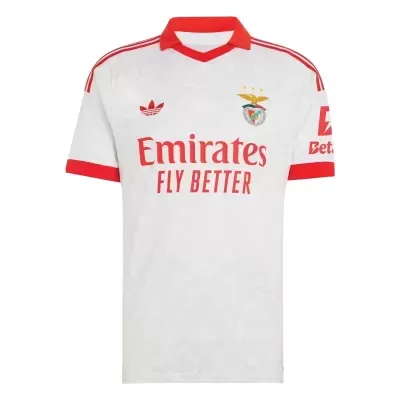 T-shirt desportiva branca e vermelha com logótipos e texto Emirares FLY BETTER