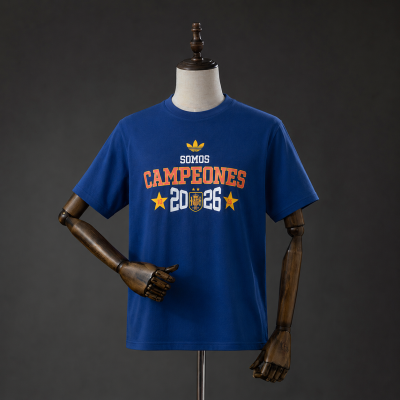 T-shirt azul com texto e emblema nas cores amarelo, castanho e branco