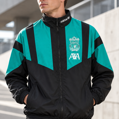 Casaco desportivo Adidas preto e verde azulada com logótipos Liverpool Football Club e AXA