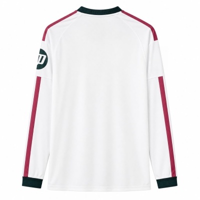 Camisola desportiva branca de manga comprida com riscas vermelhas e detalhes pretos