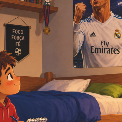 Quarto com cama de madeira e poster de jogador de futebol Real Madrid