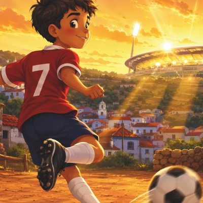 Menino a jogar futebol num campo de terra ao pôr do sol com bola e estádio ao fundo