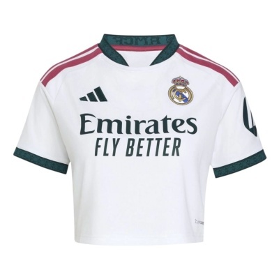 T-shirt cropped Real Madrid branca com elementos em verde escuro e rosa