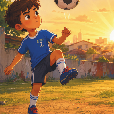 Menino a jogar futebol com camisola azul e bola a flutuar ao pôr do sol