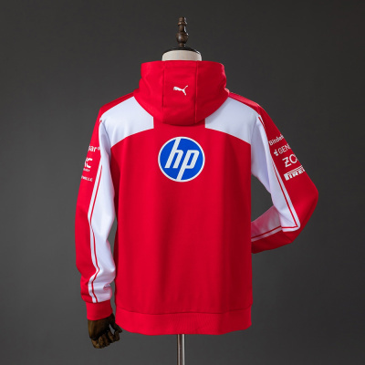 Casaco desportivo vermelho com capuz e logotipo HP nas costas