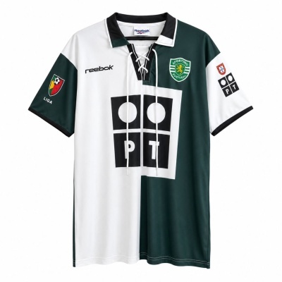 Camisola de futebol Sporting Portugal verde e branca com gola e logótipos