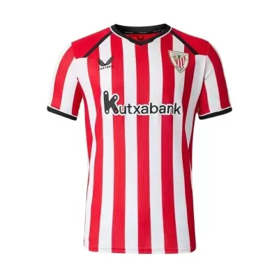 T-shirt de futebol com riscas vermelhas e brancas e logótipos em frente