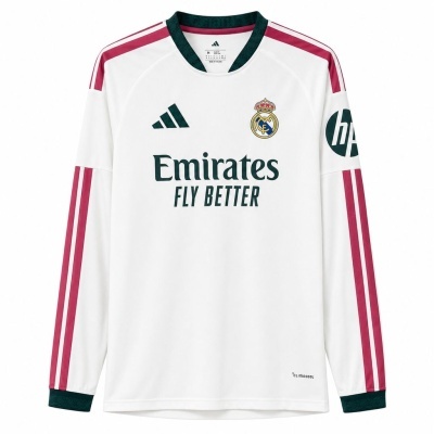 Camisola de futebol branca de manga comprida com detalhes rosa e verde escuro Real Madrid