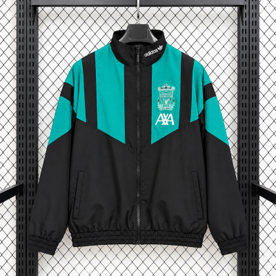 Casaco desportivo preto e azul-turquesa com logo adidas e Liverpool