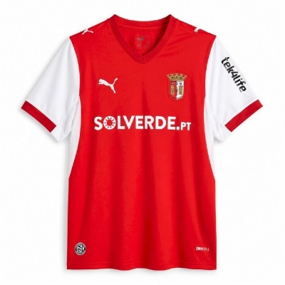 Camisola de futebol vermelha com mangas brancas e logótipos