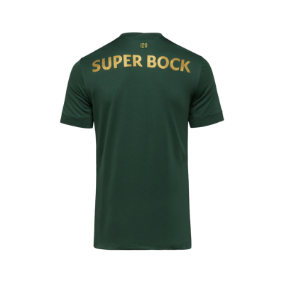 T-shirt desportiva verde escura com texto dourado SUPER BOCK e número 120 nas costas