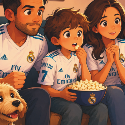 Família animada vestindo camisolas do Real Madrid e comendo pipocas na sala.