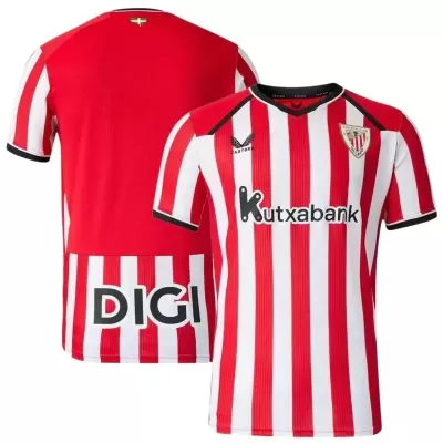 T-shirt desportiva de futebol vermelha e branca com riscas e logótipos Kutxabank e DIGI