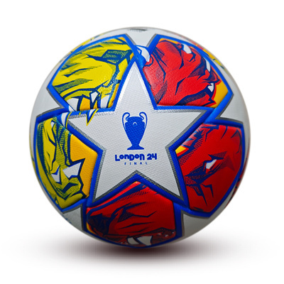 Bola de futebol branca com padrão colorido e texto London 24 Final no centro.