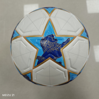 Bola de futebol branca com estrelas azuis e leão azul no centro, sobre fundo neutro