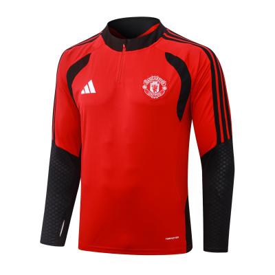 Camisola desportiva vermelha e preta do Manchester United com mangas pretas e logo Adidas branco
