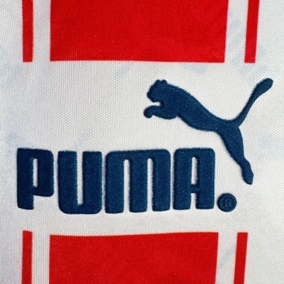 Logótipo PUMA em azul escuro sobre fundo branco com detalhes vermelhos