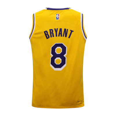 Camisola de basquetebol amarela com nome BRYANT e número 8 na parte de trás