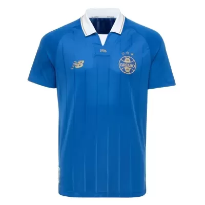 Camisola de futebol azul Grêmio com gola branca e detalhes dourados