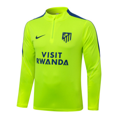 Sweatshirt desportiva amarela fluorescente com logo Atlético de Madrid e texto VISIT RWANDA