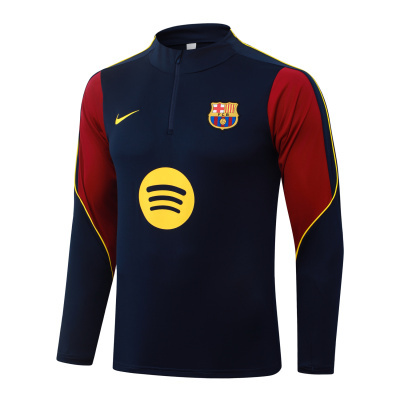 Camisola desportiva azul escuro com vermelho, amarelo e logótipos do FC Barcelona, Nike e Spotify