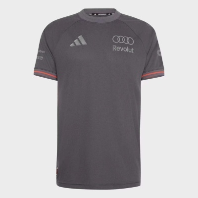T-shirt cinzenta com logótipos e riscas vermelhas e cinzentas