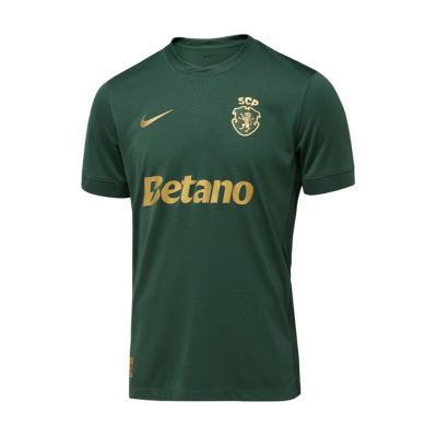 T-shirt verde escura com logótipos dourados Nike, SCP e Betano