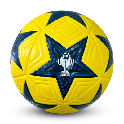 Bola de futebol amarela e azul com estrela e logótipo GOLOCUDO