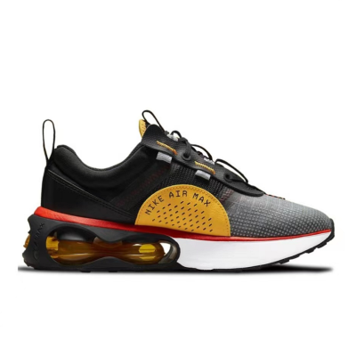 Ténis desportivo Nike Air Max cinza, preto, amarelo e vermelho com unidade de amortecimento visível