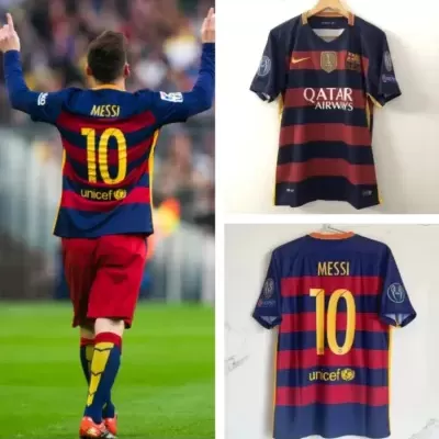 Camisola oficial FC Barcelona azul e grená com nome Messi e número 10