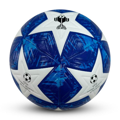 bola de futebol azul e branca com texto e padrão de estrelas