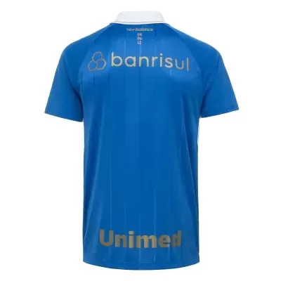 Camisola azul royal com gola branca e logotipos dourados nas costas