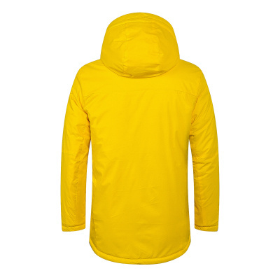 Casaco amarelo com capuz visto de trás