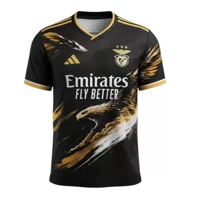 T-shirt de futebol preta com design de águia e logos Adidas e SL Benfica