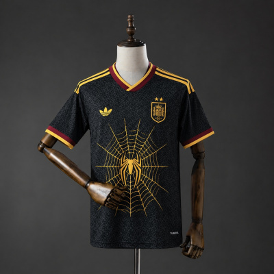 T-shirt de futebol preta com detalhes amarelos e vermelhos, com desenho de teia de aranha amarela e aranha ao centro