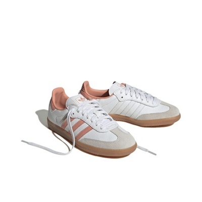 Sapatilhas Adidas Samba brancas com riscas rosa e sola castanha
