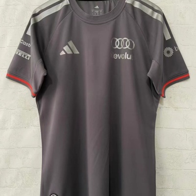 T-shirt desportiva cinzenta com detalhes prateadores e estampas de várias marcas
