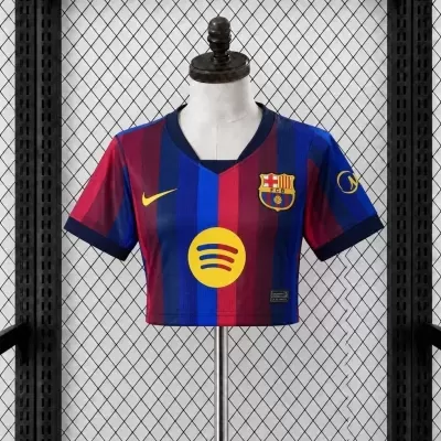 T-shirt cropped de futebol FC Barcelona azul e grená com símbolos Nike e Spotify