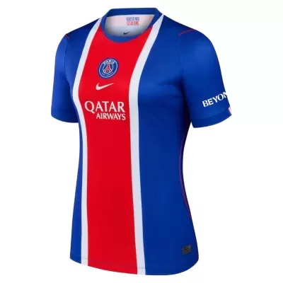 Camisola de futebol azul, vermelha e branca do PSG com logos e texto