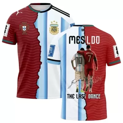 Camisola futebol metade vermelha Portugal metade azul e branco Argentina Messi e Ronaldo