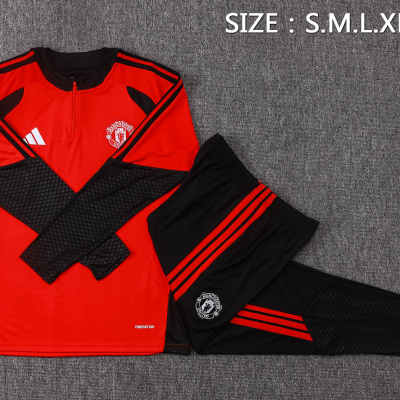Conjunto desportivo vermelho e preto com logo Manchester United e tamanhos S.M.L.XL.XXL