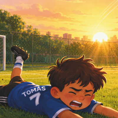 Criança de camiseta de futebol azul com nome TOMÁS e número 7 deitada no relvado com chuteiras pretas ao pôr-do-sol