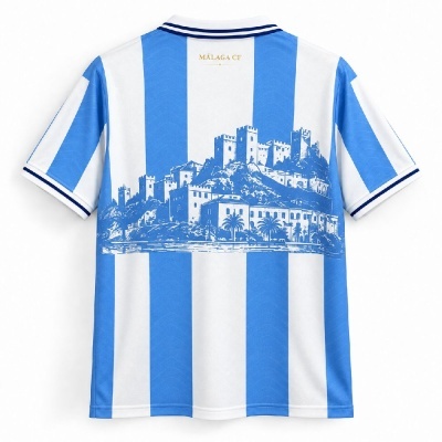 Camisola de futebol azul e branca com castelo e texto MALAGA CF