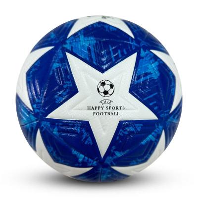 Bola de futebol azul e branca com padrão de estrelas e texto