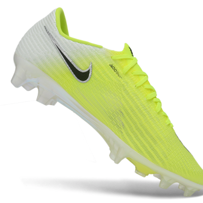 Chuteira de futebol amarela fluorescente e branca com sola transparente e logótipo Nike